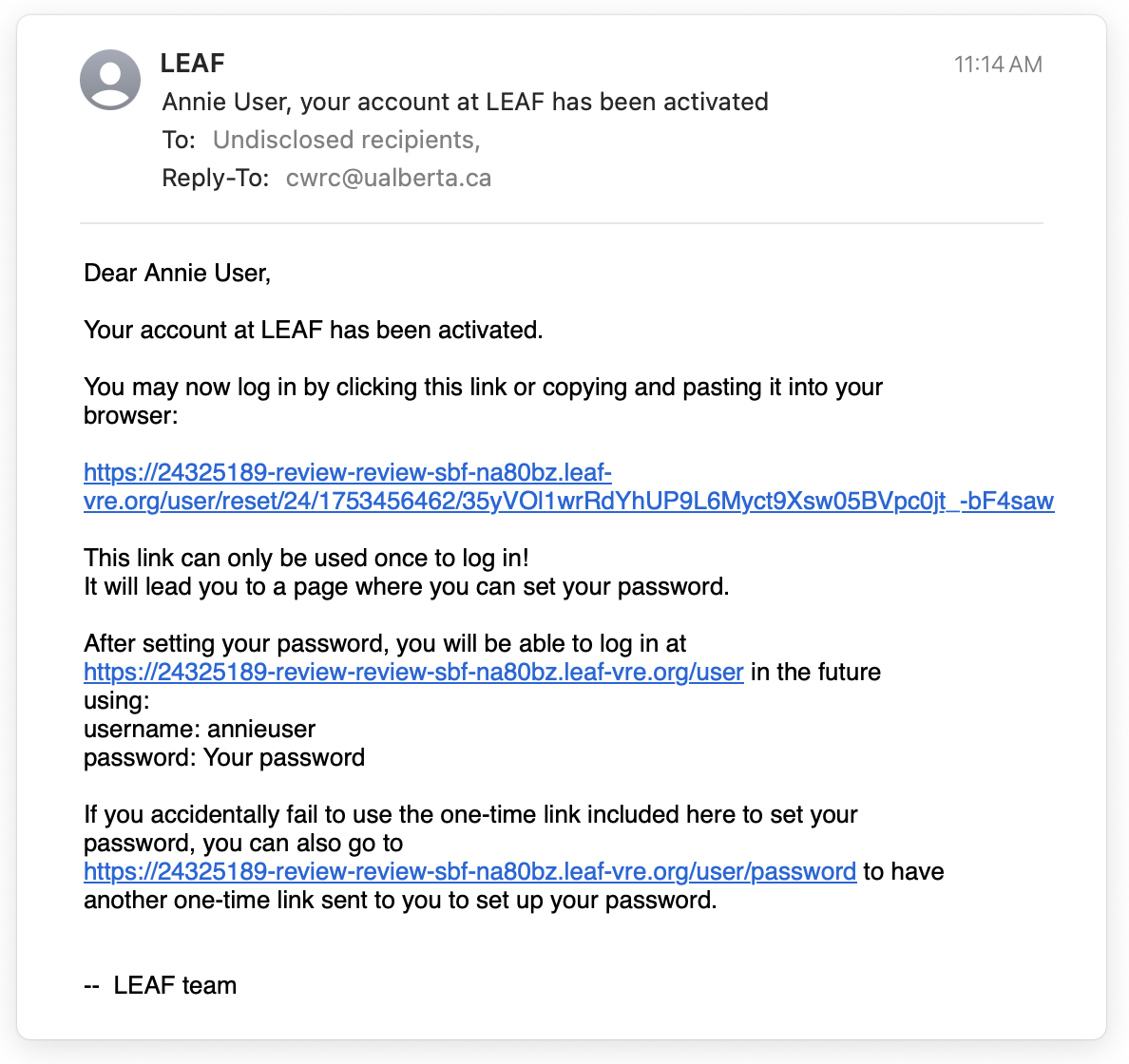 Snapshot of LEAF-VRE welcome approval email to a user in English taken on July 23, 2025